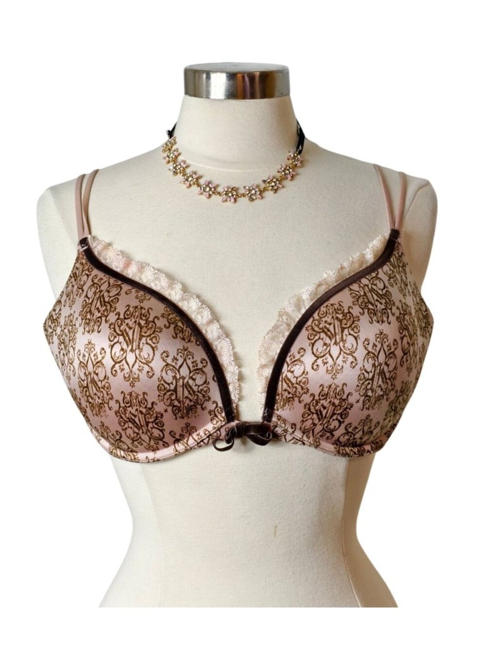Victorias Secret 36D Push-Up Plunge Bra Mauve Gold Lace Adjust Straps Smooth Vtg